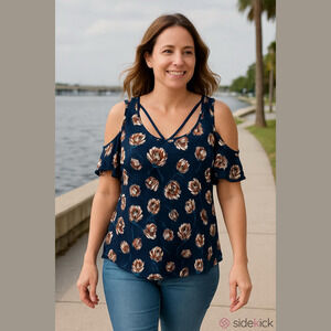 THREADS Studio Navy Blue w/ Flowers Off Shoulder Top